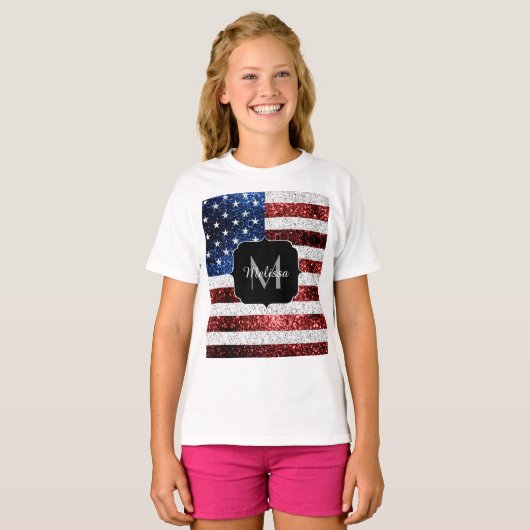 USA Flaggen Rot-Blau-Glitzern Glitzern Monogram T-Shirt (Vorne ganz)