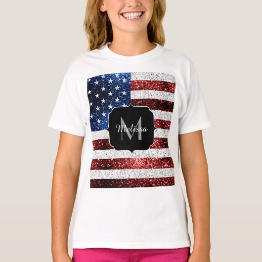 USA Flaggen Rot-Blau-Glitzern Glitzern Monogram T-Shirt (Vorderseite)