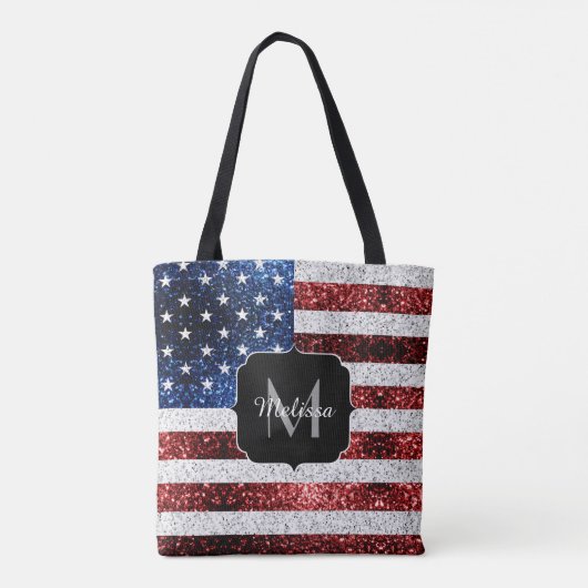USA Flaggen Rot-Blau-Glitzern Glitzern Monogram Tasche (Rückseite)