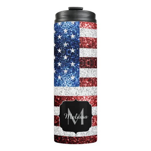 USA Flaggen Rot-Blau-Glitzern Glitzern Monogram Thermosbecher (Vorderseite)