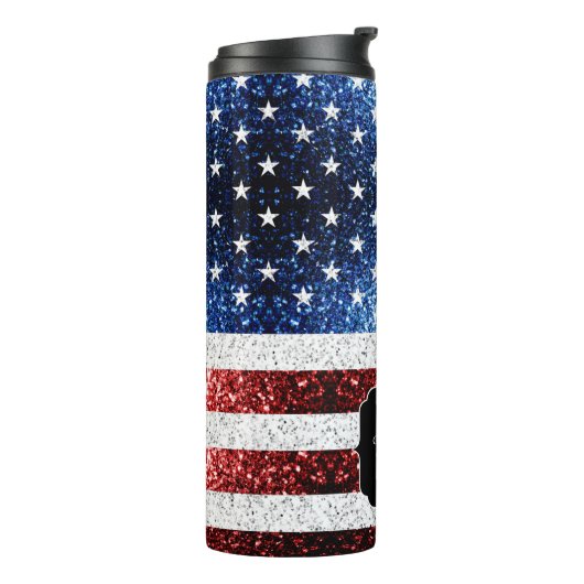 USA Flaggen Rot-Blau-Glitzern Glitzern Monogram Thermosbecher (Nach links gedreht)