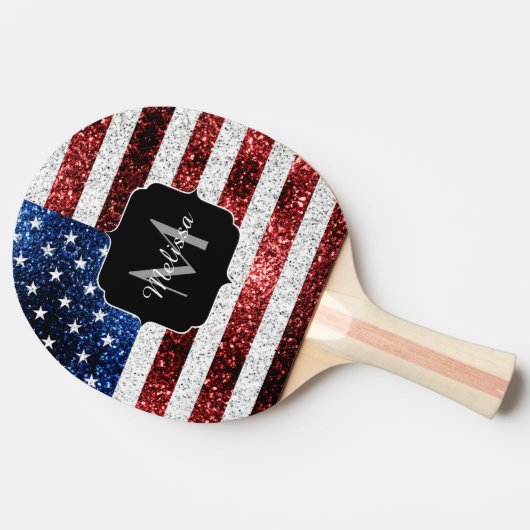 USA Flaggen Rot-Blau-Glitzern Glitzern Monogram Tischtennis Schläger (Seitenansicht)