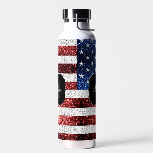 USA Flaggen Rot-Blau-Glitzern Glitzern Monogram Trinkflasche (Links)