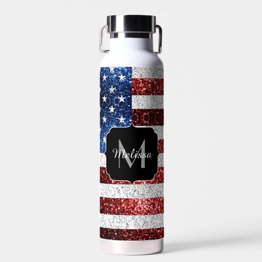 USA Flaggen Rot-Blau-Glitzern Glitzern Monogram Trinkflasche (Vorne)
