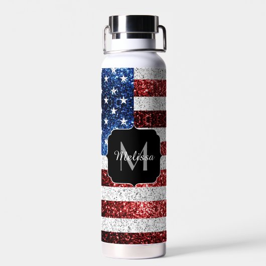 USA Flaggen Rot-Blau-Glitzern Glitzern Monogram Trinkflasche (Rückseite)