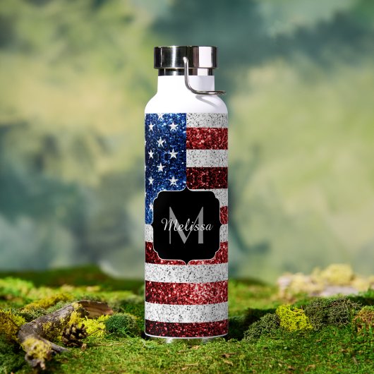 USA Flaggen Rot-Blau-Glitzern Glitzern Monogram Trinkflasche (Außenbereich (gedreht))
