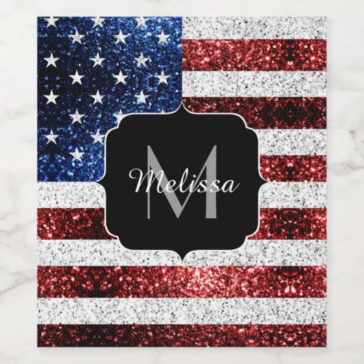 USA Flaggen Rot-Blau-Glitzern Glitzern Monogram Weinetikett (Einzelnes Label)