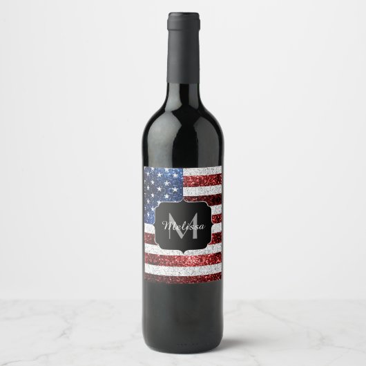 USA Flaggen Rot-Blau-Glitzern Glitzern Monogram Weinetikett (Vorderseite)