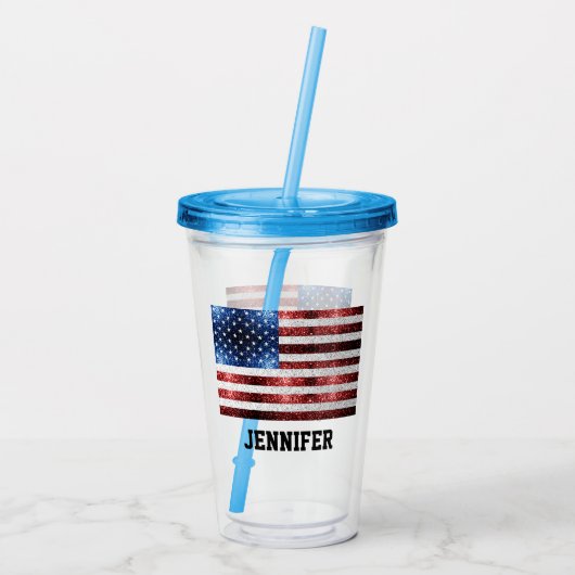 USA Flaggen Rot-Blau-Glitzern Individuelle Name Acryltrinkbecher (Rückseite)