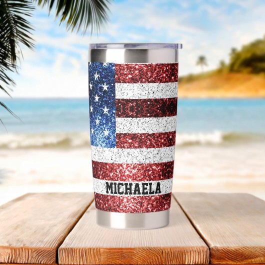 USA Flaggen Rot-Blau-Glitzern Individuelle Name Thermobecher (Strand)