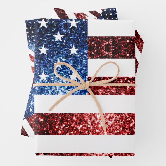 USA Flaggen Rot-Blau-Glitzern Muster Glitzer Geschenkpapier Set (Beispiel)
