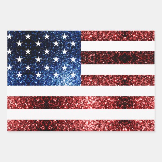 USA Flaggen Rot-Blau-Glitzern Muster Glitzer Geschenkpapier Set (Vorderseite)