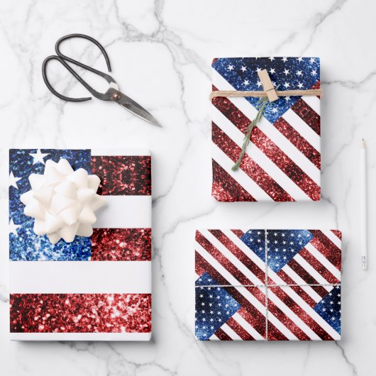 USA Flaggen Rot-Blau-Glitzern Muster Glitzer Geschenkpapier Set (Vorderseite)