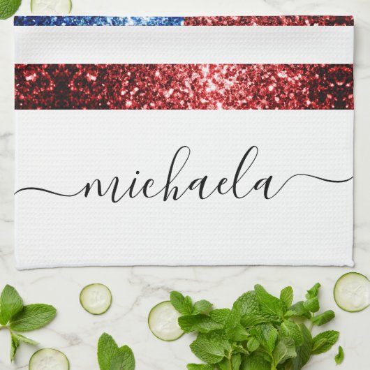 USA Flaggen Rot-Blau-Imitate Glitzern Monogram Geschirrtuch (Gefaltet)