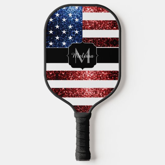 USA Flaggen Rot-Blau-Imitate Glitzern Monogram Pickleball Schläger (Vorderseite)