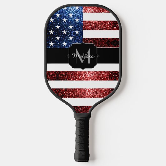 USA Flaggen Rot-Blau-Imitate Glitzern Monogram Pickleball Schläger (Rückseite)