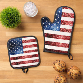 USA Flaggen Rot-Blau-Imitate Glitzern patriotische Ofenhandschuh & Topflappen-Set