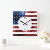 USA Flaggen Rot blaue Glitzern Glitzer mit Zahlen Quadratische Wanduhr (Zuhause)