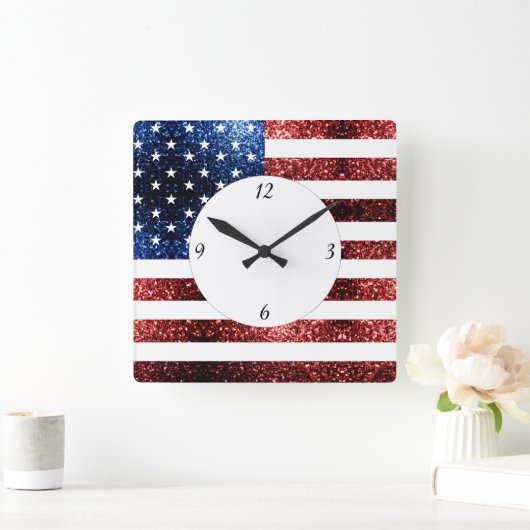 USA Flaggen Rot blaue Glitzern Glitzer mit Zahlen Quadratische Wanduhr (Zuhause)