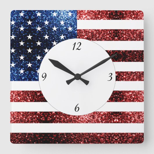 USA Flaggen Rot blaue Glitzern Glitzer mit Zahlen Quadratische Wanduhr (Vorderseite)