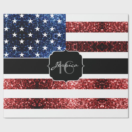 USA Flaggen Rot blaue Glitzern Glitzer Sweet 16 Geschenkpapier (Flach)