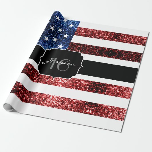 USA Flaggen Rot blaue Glitzern Glitzer Sweet 16 Geschenkpapier (Ungerollt)
