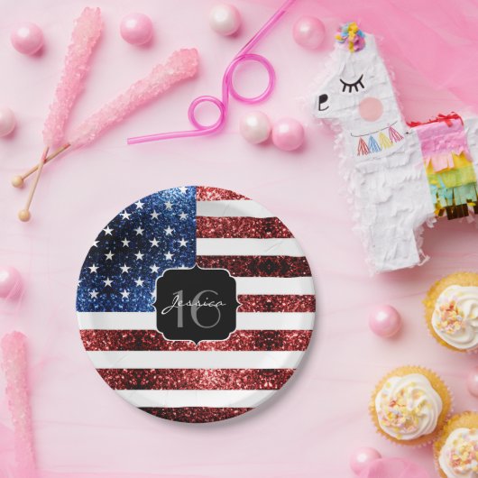 USA Flaggen Rot blaue Glitzern Glitzer Sweet 16 Pappteller (Party)
