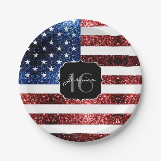 USA Flaggen Rot blaue Glitzern Glitzer Sweet 16 Pappteller (Vorderseite)