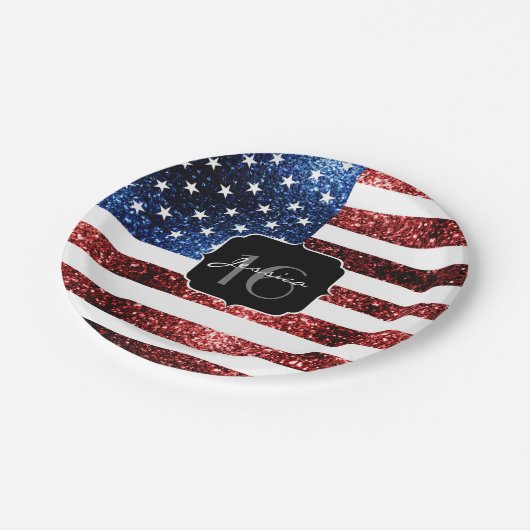 USA Flaggen Rot blaue Glitzern Glitzer Sweet 16 Pappteller (Schrägansicht)