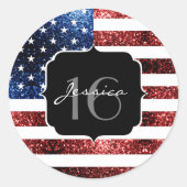 USA Flaggen Rot blaue Glitzern Glitzer Sweet 16 Runder Aufkleber (Vorderseite)