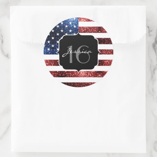 USA Flaggen Rot blaue Glitzern Glitzer Sweet 16 Runder Aufkleber (Tasche)