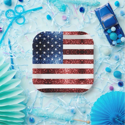 USA Flaggen Rot und Blau Glitzern Glitzer Pappteller (Party)