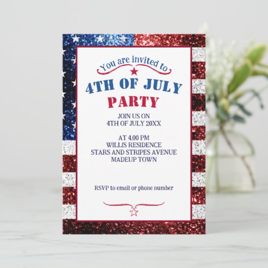 USA Flaggen Rot-Weiß-Glitzern Glitzer 4. Juli Einladung (Stehend Vorderseite)