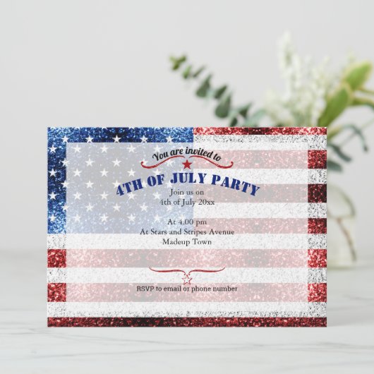 USA Flaggen Rot-Weiß-Glitzern Glitzer 4. Juli Einladung (Stehend Vorderseite)