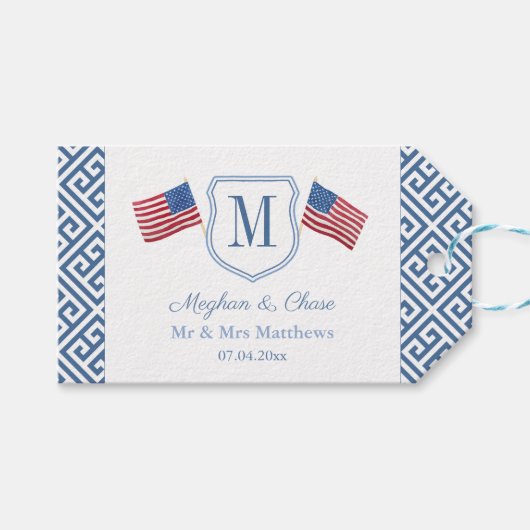 USA Flags Patriotic Monogram Wappen Polterabend Geschenkanhänger (Vorderseite (Horizontal))