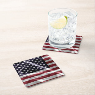 USA Flapping Flag Red, White Stripes, Starry Blue Rechteckiger Pappuntersetzer