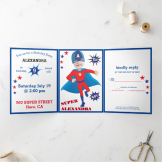 USA Girl Superhero Tremendous Geburtstag Dreifach Gefaltete Einladung