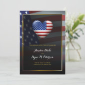 USA Herzenflagge | Goldrahmen | Hochzeit Einladung (Stehend Vorderseite)