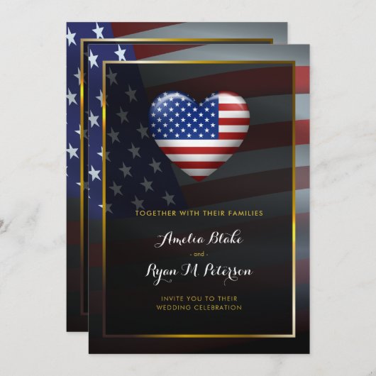 USA Herzenflagge | Goldrahmen | Hochzeit Einladung (Vorne/Hinten)