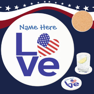USA Herzflagge Blau LOVE Personalisierter Name Getränkeuntersetzer