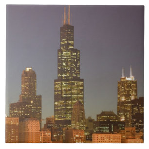 USA, Illinois, Chicago: Stadt-Skyline / Abend Fliese