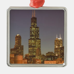 USA, Illinois, Chicago: Stadt-Skyline / Abend Silbernes Ornament