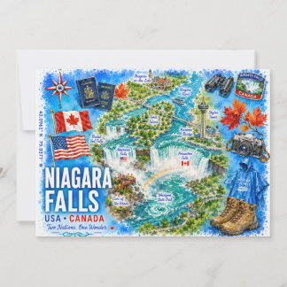 USA Kanada illustrierte Karte Niagara Fälle Postka