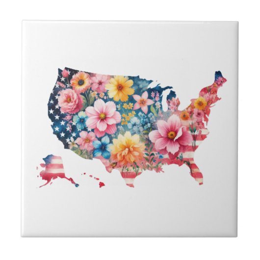 USA-Karte Blumen Fliese (Vorderseite)