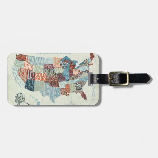 USA-Karte mit Staaten in den Wörtern Gepäckanhänger (Vorderseite horizontal)