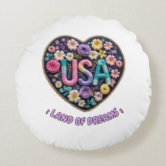 USA Land der Träume Florale Stickerei Kunst Rundes Kissen