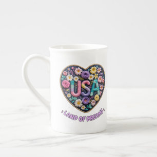 USA Land of Dreams Florale 3D Stickerei Kunst Porzellantasse