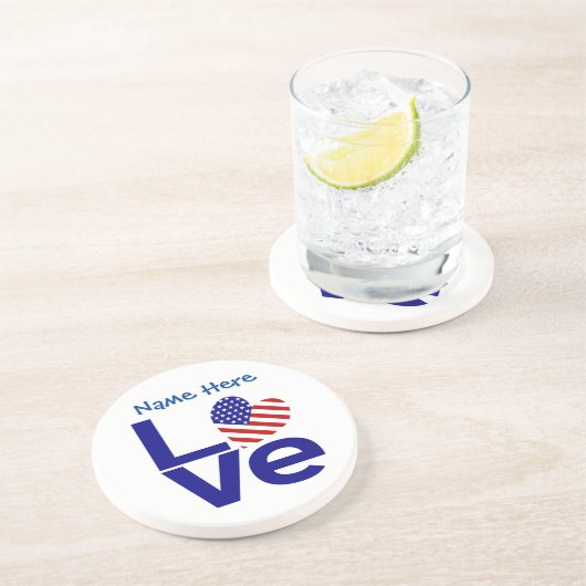 USA Liebe Flag Blue Personalisiert Sandstone Getränkeuntersetzer (Seite)