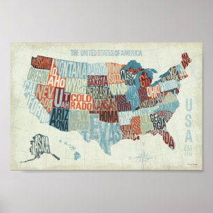 USA Map mit Staaten in Worten Poster