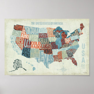 USA Map mit Staaten in Worten Poster